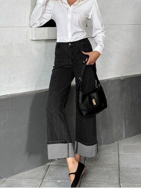 NWT Evaless High-Rise Black Wide-Leg Cuffed Jeans Size 12